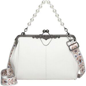 Women's Pearl White Vegan Leather Kiss Lock Satchel Evening Crossbody Clutch